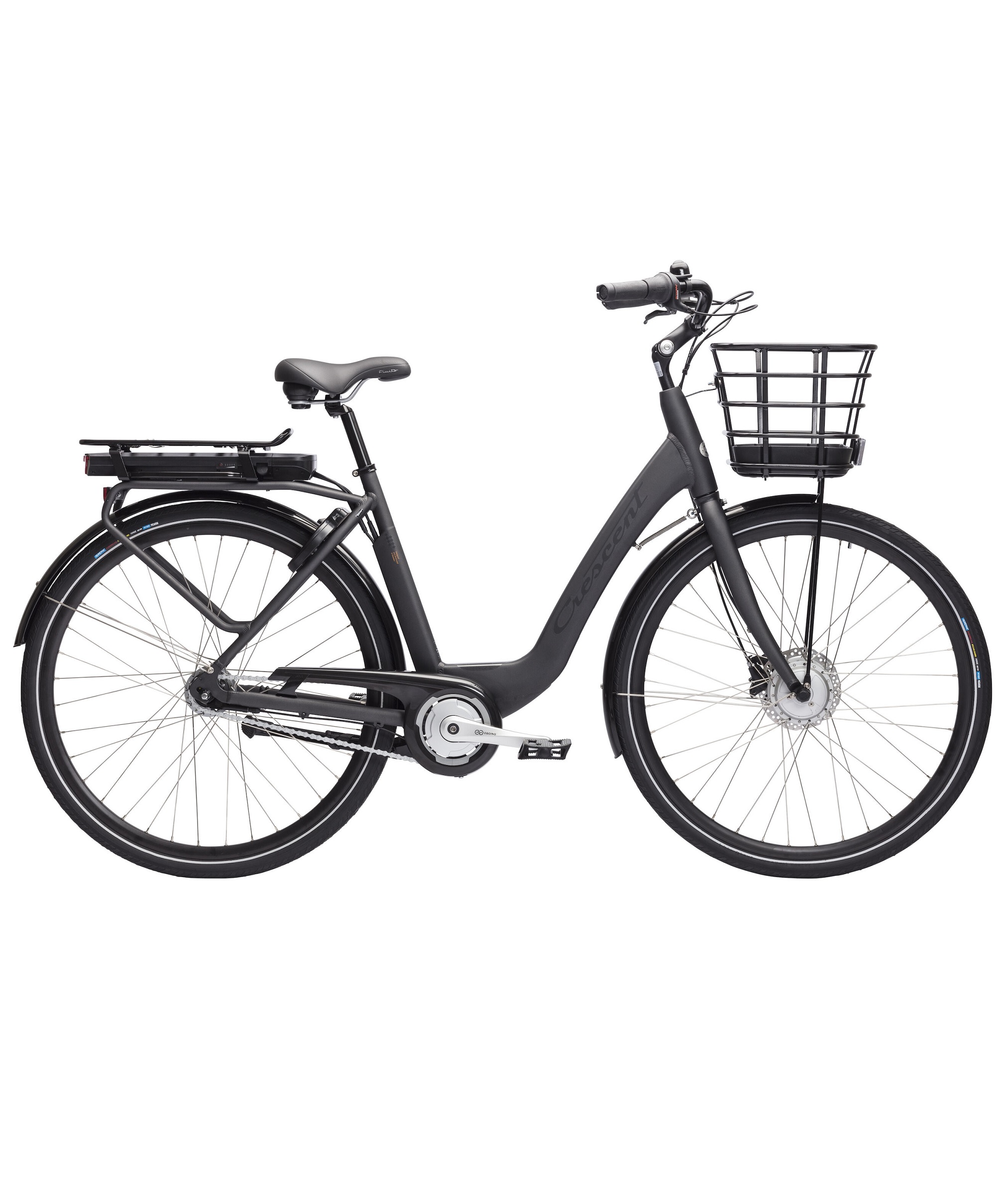 Crescent-Elina-Mattsvart.jpg Crescent Elina elcykel i helbild, med ram i en matt mörkgrå färg. Detaljer som pakethållare, cykelkorg fram och batteri syns tydligt i bra ljus.