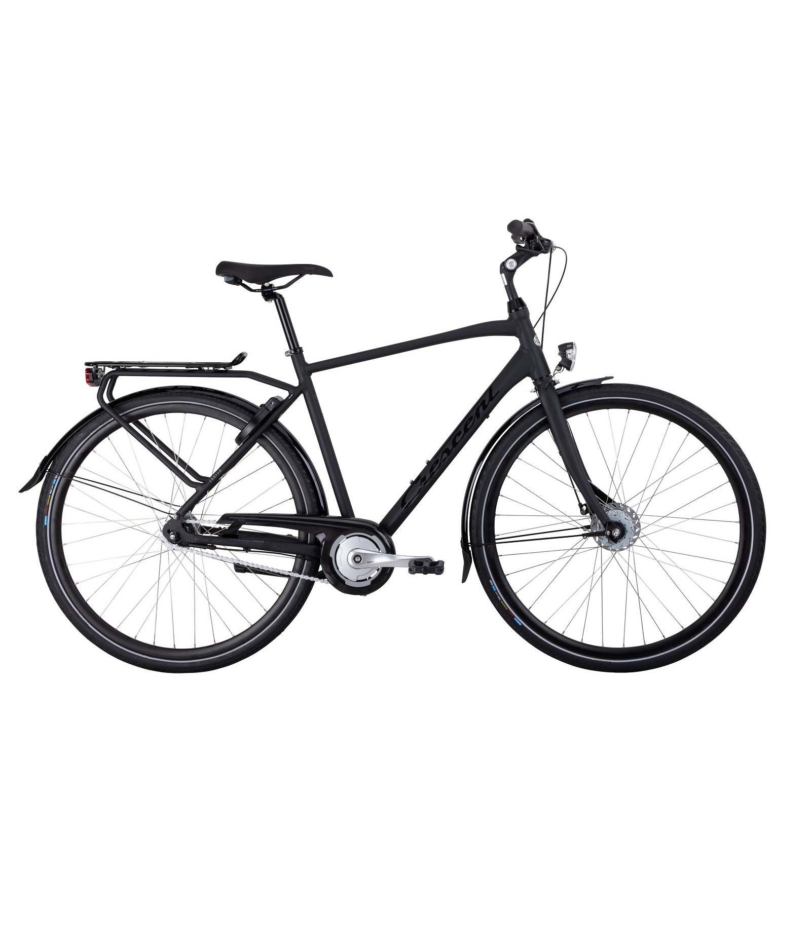 Crescent-Tarfek-23-Svart-1.jpg En svart Crescent Tarfek herrcykel visas i profil mot en vit bakgrund. Cykeln har sju växlar och en robust ram, perfekt för stadscykling och pendling. Belysningen framhäver cykelns matta finish.