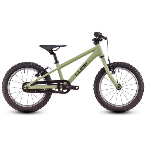 Olivgrön Cube Acid 160 barncykel med 16-tums hjul, perfekt för unga cyklister.