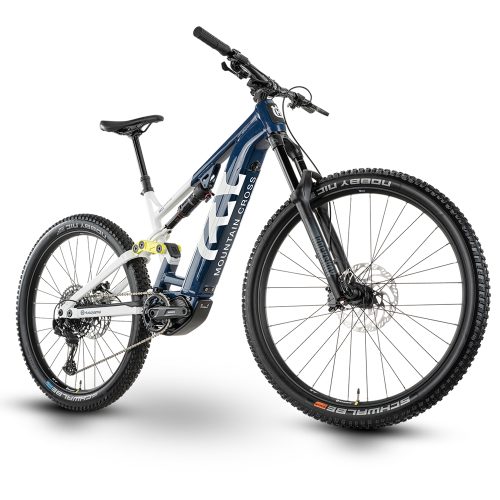 El-mountainbike Husqvarna Mountain Cross MC2 i blått och vitt. Kraftfull och redo för äventyr i terrängen. Detaljrik bild med bra ljussättning.