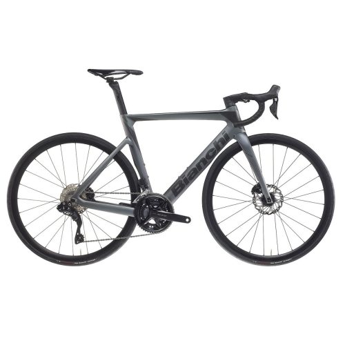 Mattgrå Bianchi Oltre Race 105 Di2, 2x12s racer för fart och prestanda.