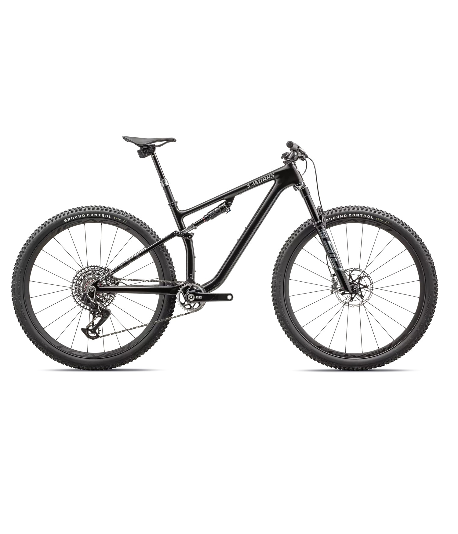 S-Works-EPIC-EVO-SW-LTD-METOBSD-BRSHCP.jpg Svart MTB Specialized S-Works Epic Evo LTD 29" i detalj, under stark belysning som framhäver cykelns högkvalitativa komponenter och eleganta design mot en ren, vit bakgrund.