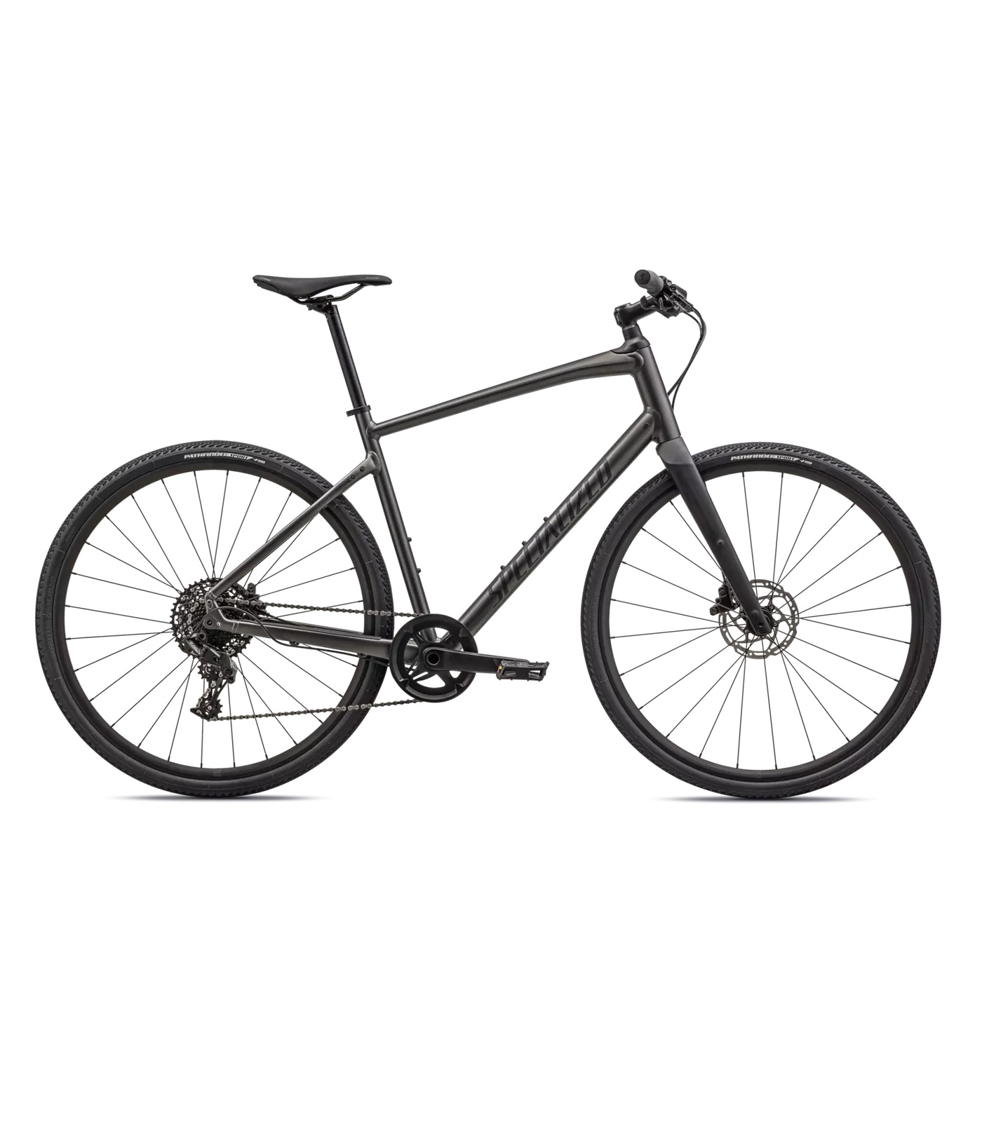 SIRRUS-X-40-SMK-BLKREFL.jpg Herrcykel Specialized Sirrus X 4.0 Disc i grå färg mot en ljus bakgrund. Detaljerade vinklar visar däck, ram och växlar i bra ljus för tydlighet.