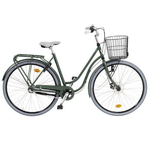 En detaljerad bild av en grön Skeppshult Smile 7s damcykel med grå däck, en korg och en sadel. Belysningen är stark och jämn. Cykeln står på en vit bakgrund.