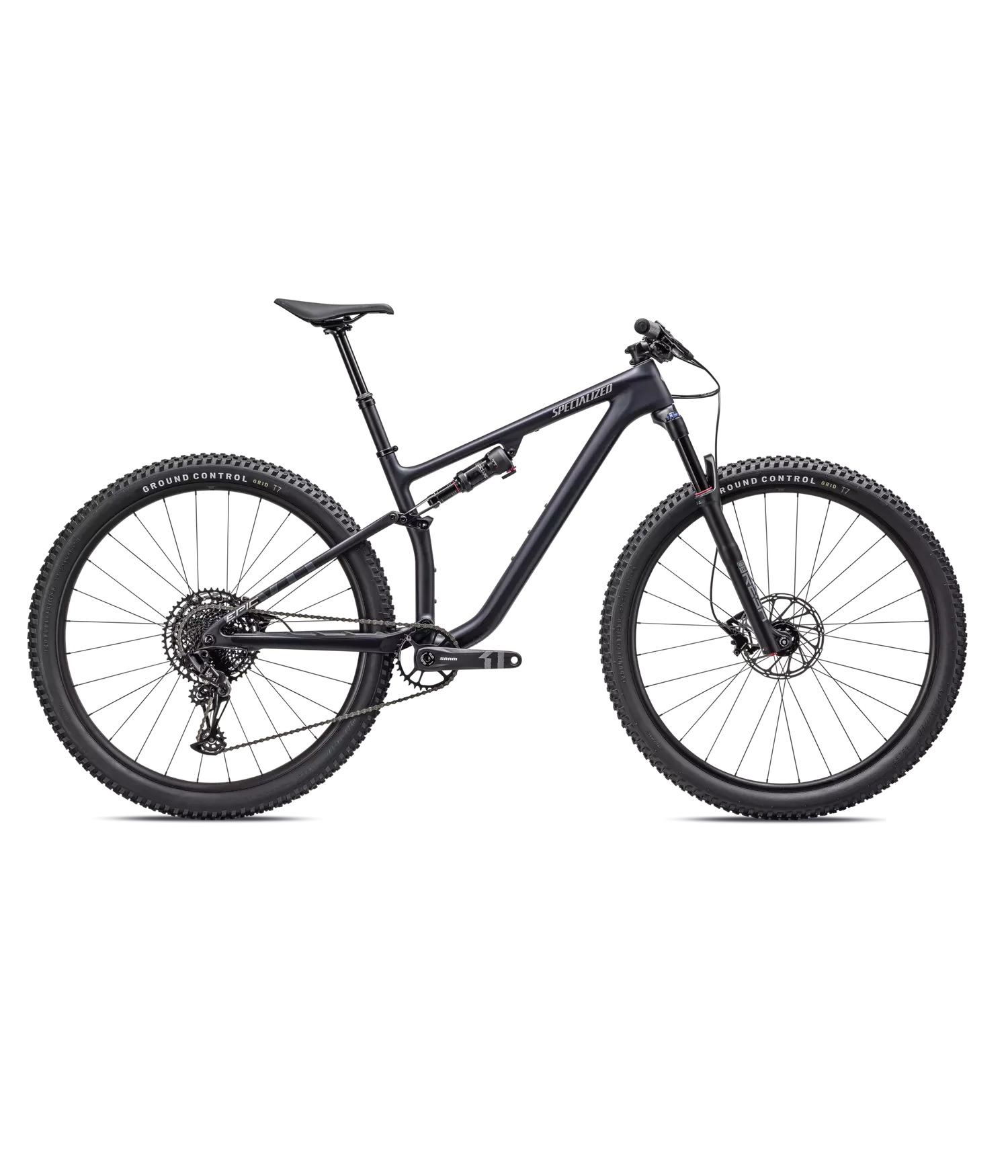 Specialized-EPIC-EVO-MNSHDW-SILDST-PRL.jpg En matt mörkblå Specialized Epic EVO Comp 1x12s, 29-tums mountainbike i detalj. Cykeln är fotograferad i en studio med jämn belysning, vilket framhäver dess aerodynamiska design och komponenter.