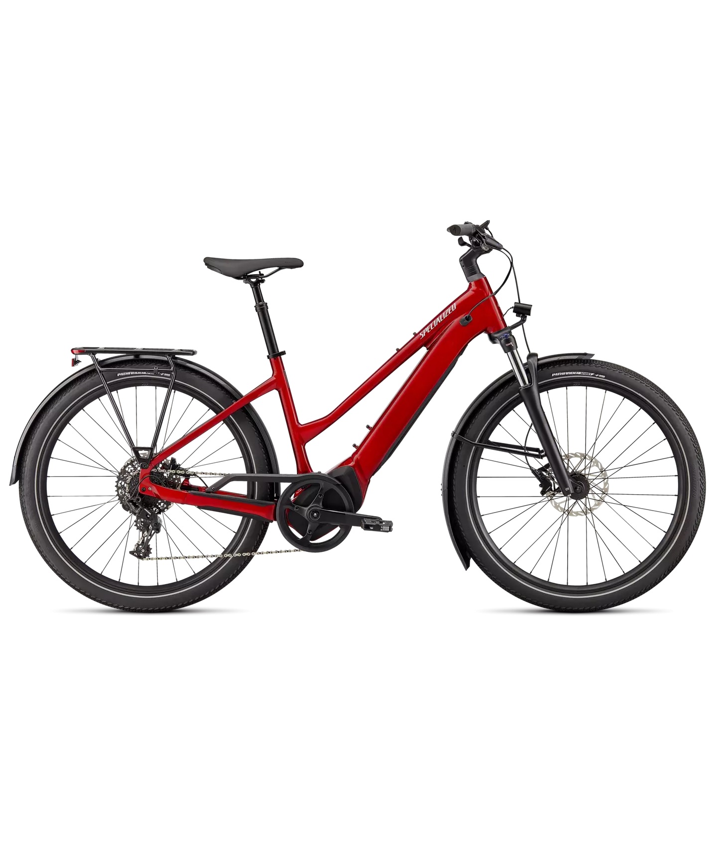 VADO-40-ST-REDTNT-SILREFL.jpg Röd Specialized Vado 4.0 ST elcykel framställd i studio. Bra ljus framhäver de eleganta detaljerna och den sportiga designen. Perfekt för pendling och äventyr.
