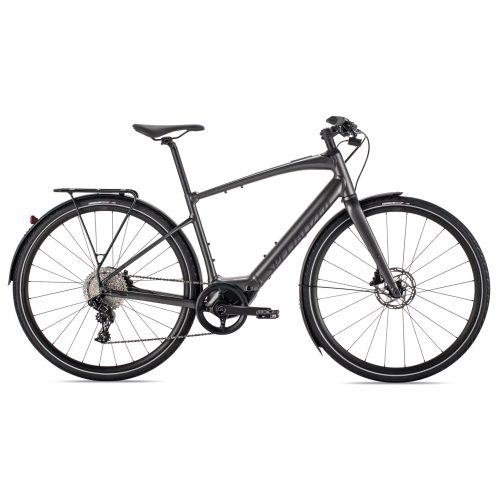 Mörkgrå Specialized Turbo Vado SL 4.0 EQ herrcykel i profil mot vit bakgrund. Detaljerad bild med bra ljus, som visar cykelns design och komponenter.