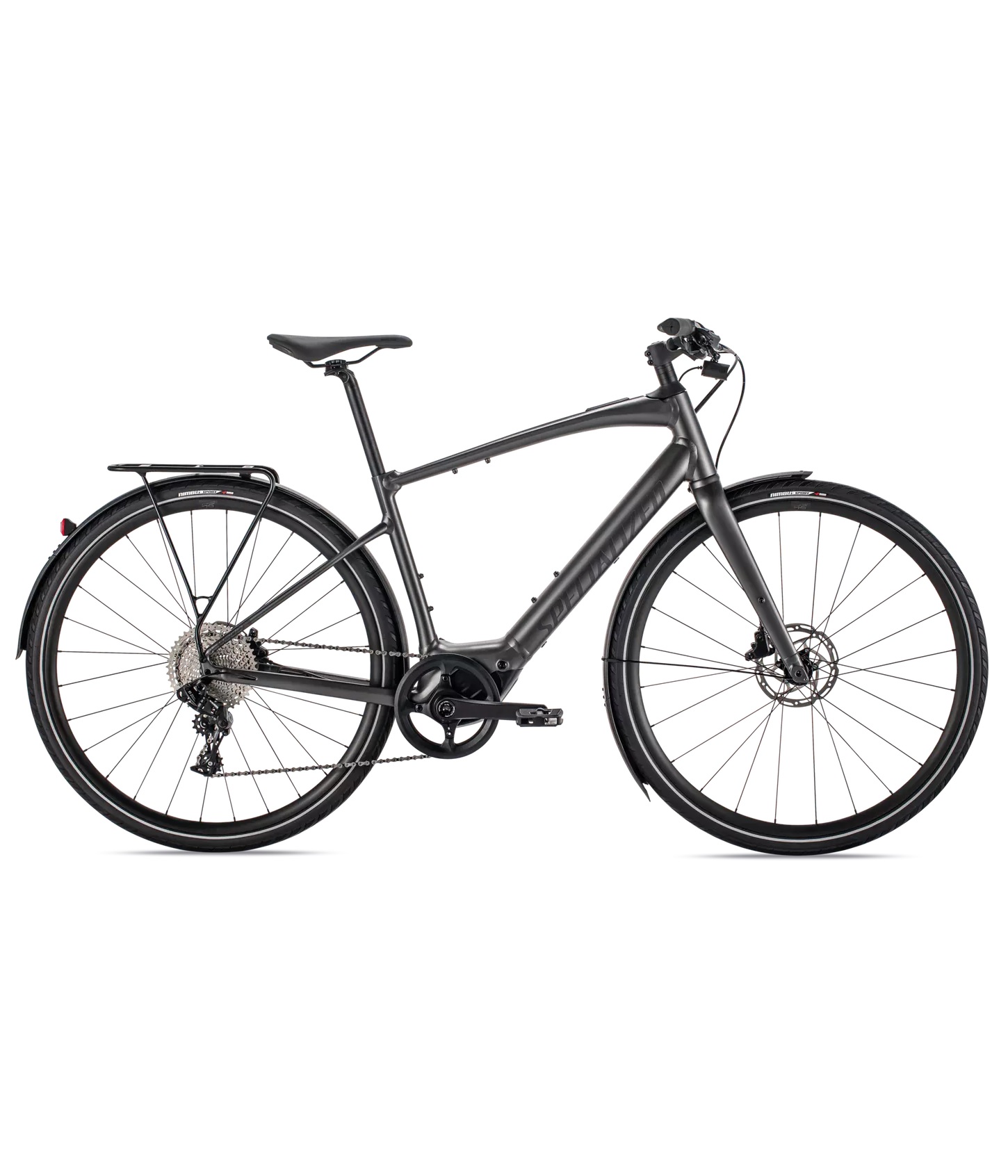 VADO-SL-40-EQ-SMK-BLKREFL.jpg Mörkgrå Specialized Turbo Vado SL 4.0 EQ herrcykel i profil mot vit bakgrund. Detaljerad bild med bra ljus, som visar cykelns design och komponenter.