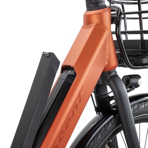 Närbild av Elcykel Crescent Elmer 20, 5s, med batteri och orange ram.