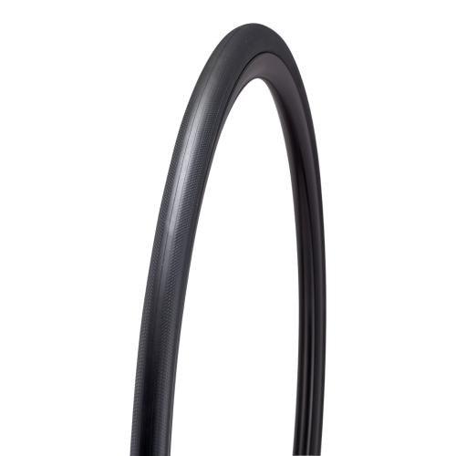 En närbild av Racerdäck Specialized S-Works Turbo T2/T5 24/26/28/30-622 i svart, med dess släta slitbana, visas vertikalt mot en vit bakgrund med endast en del av däcket synligt.