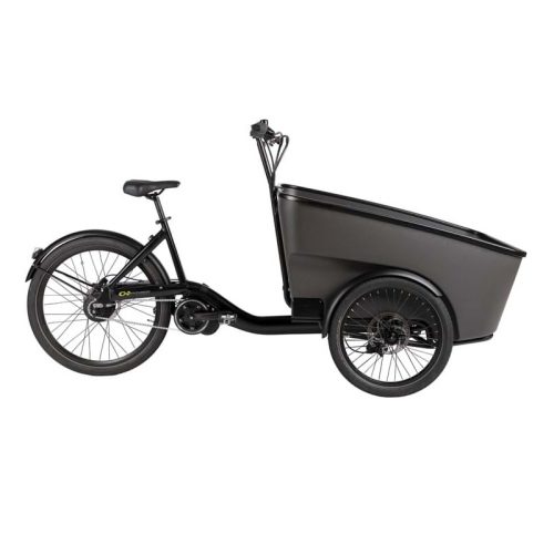 Matt svart Centurion E Street lastcykel med Isofix, parkerad mot en vit bakgrund. Detaljerad bild med väl synliga komponenter och designelement i neutral belysning.