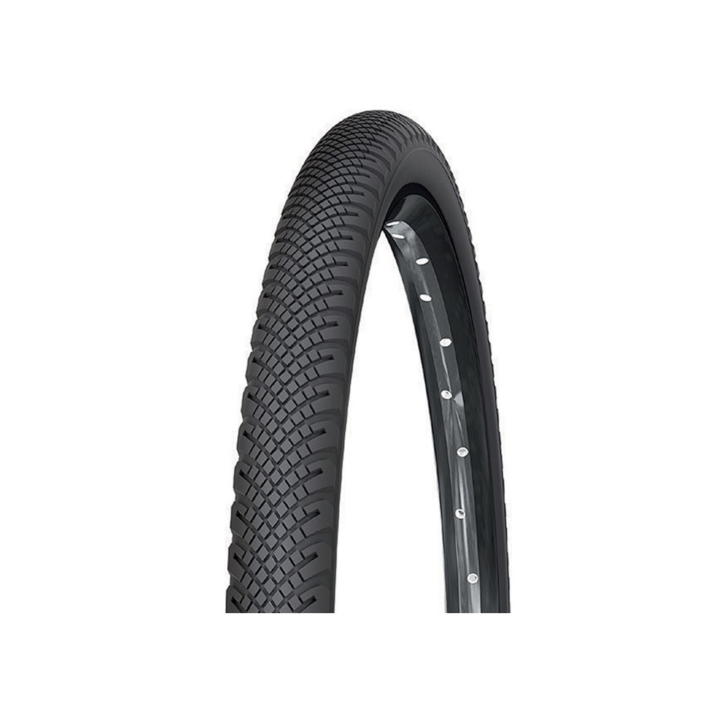 966280 Ett detaljrikt fotografi av ett Michelin Country Rock cykeldäck (44-559 mm) mot en vit bakgrund. Däcket har ett distinkt mönster och är monterat på en fälg med synliga ekrar.