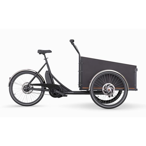 Lastcykel Christiania Light Comfort Steps i mörkgrått utförande, fotograferad i sidovy mot en ljus bakgrund. Fokus på design och detaljer som skärmar och lastutrymme.