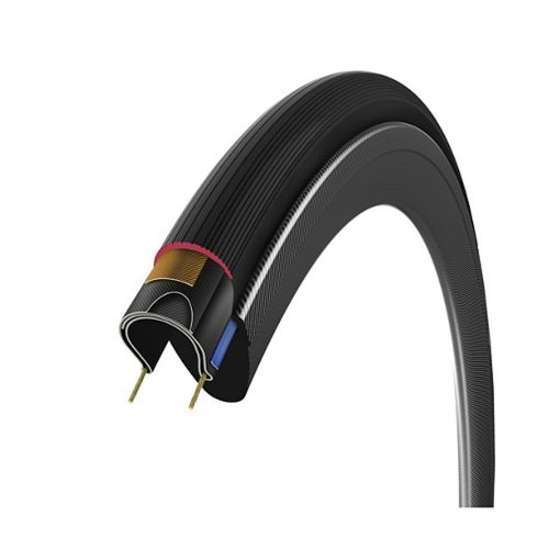 En detaljerad genomskärning av ett cykeldäck, med fokus på lagren och konstruktionen. Vittoria Corsa N.EXT TLR däcket visas i svart utförande, perfekt för racerentusiaster.