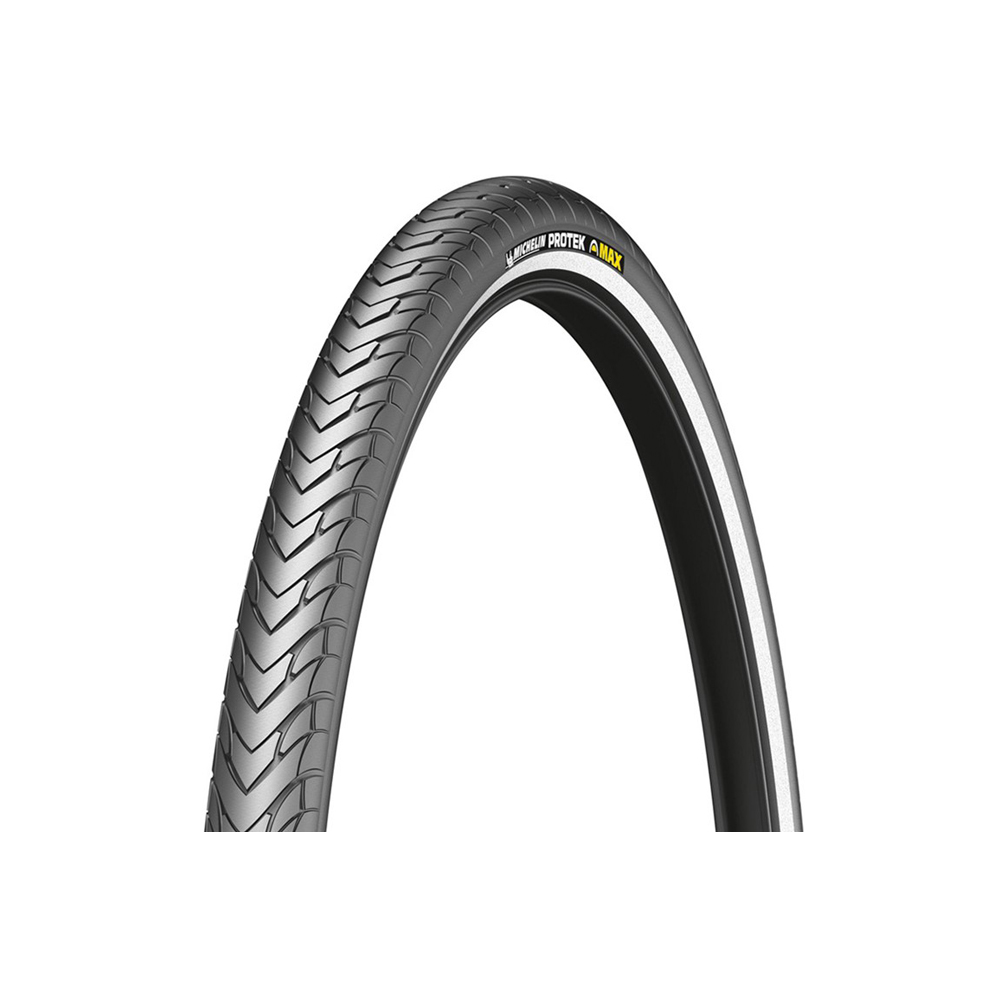 Protek Max Standard1 Cykelddäck Michelin Protek MAX, grått med distinkt mönster och vit rand, presenterat mot en ljus bakgrund. Studioljus framhäver detaljerna i däcket.