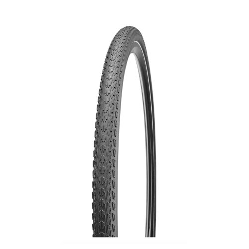 Närbild av ett Specialized Tracer Pro 2Bliss Ready graveldäck mot en vit bakgrund. Däcket har ett mönstrat däckmönster och en smal reflexrand på sidan. Ljuset är jämnt och framhäver detaljerna i däcket.