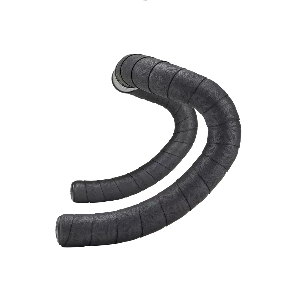 25522-340-TAPE-SUAVE-BLACK-SLBLACK-PLUGS_Styrlinda_Supacaz Cykelstyre omvirat med svart Supacaz Suave styrlinda. Lindan har ett diskret mönster och ger ett säkert grepp. Ljuset framhäver lindans textur.