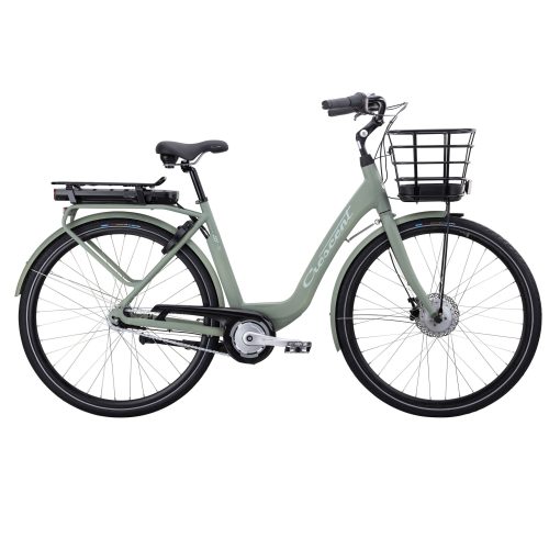 Grön Crescent Elina elcykel med fotbroms och 7 växlar, placerad på en vit bakgrund. Naturligt ljus framhäver cykelns design och detaljer.
