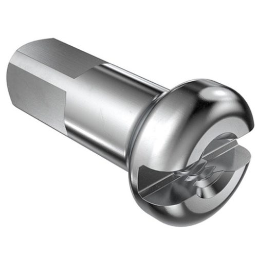 Detaljerad bild av en DT Swiss Alu Silver ekernippel, 100 st. Metallisk glans, precisionsskärning och skarp belysning framhäver formen.