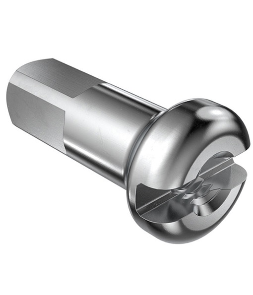 DT-Alu-Nippel-14-mm-silver.jpg Detaljerad bild av en DT Swiss Alu Silver ekernippel, 100 st. Metallisk glans, precisionsskärning och skarp belysning framhäver formen.