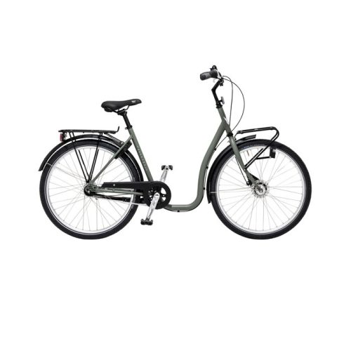 En olivmatt Skeppshult Dela damcykel i studioljus. Detaljerad bild av cykelns design med pakethållare fram och bak. Perfekt för stadscykling och vardagsäventyr.