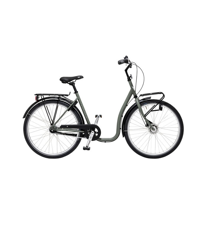 Dela-oliv.jpg En olivmatt Skeppshult Dela damcykel i studioljus. Detaljerad bild av cykelns design med pakethållare fram och bak. Perfekt för stadscykling och vardagsäventyr.