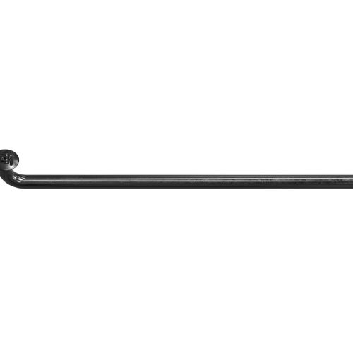 En detaljerad bild av en svart DT Swiss Competition J-bend eker, framställd i rostfritt stål. Belysningen framhäver ekerns släta yta, med en märkbar logotyp vid böjen.