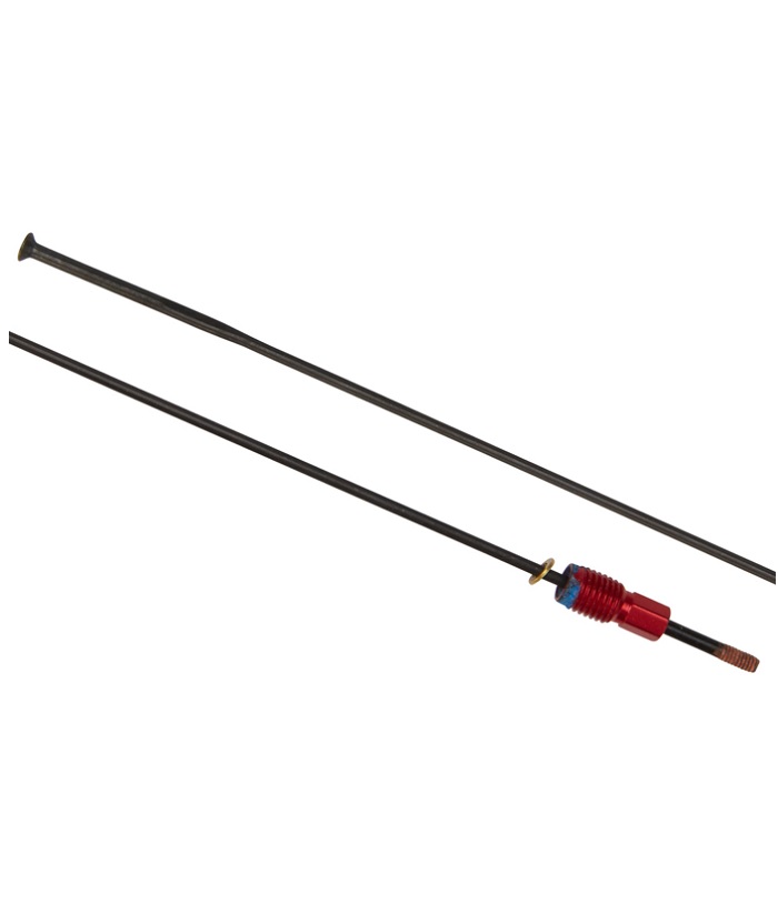 Eker-Shimano-WH-M770.jpg Två svarta Shimano-ekrar, varav en med röd nippel och guldbricka, visas under dagsljus. Detaljerade gängor syns på nippeln, vilket indikerar dess funktion för hjuljustering.