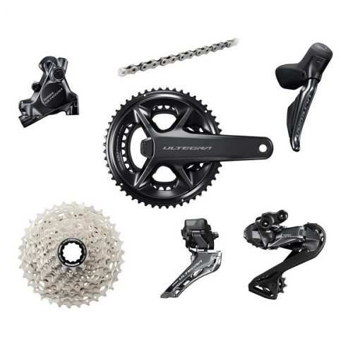 Groupset-R8170-Ultegra-Di2-Disc-Powermeter-500x500 Shimano Ultegra R8170 Di2 gruppset med effektmätare, komponenter isolerade på vit bakgrund.