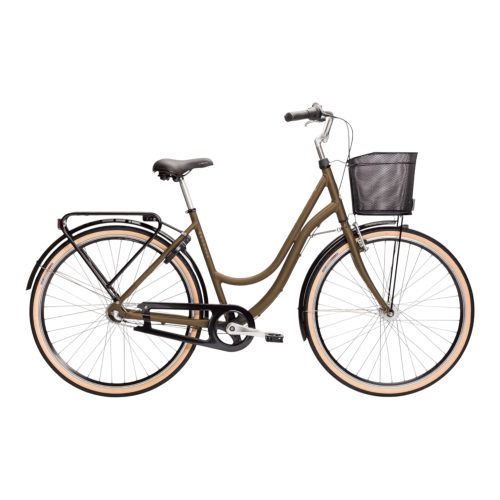 Brun Damcykel Monark Monica 7-vxl med korg och pakethållare på vit bakgrund.