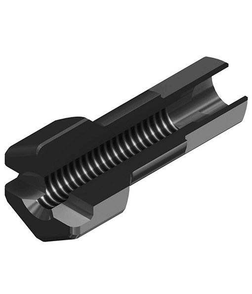 Nippel-DT-Prolock-alu-svart-hex.jpg Detaljerad bild av DT Swiss Prolock hexagonal ekernippel i svart aluminium, genomskuren för att visa den interna gängningen. Studiobelysning framhäver de precisa detaljerna i konstruktionen.