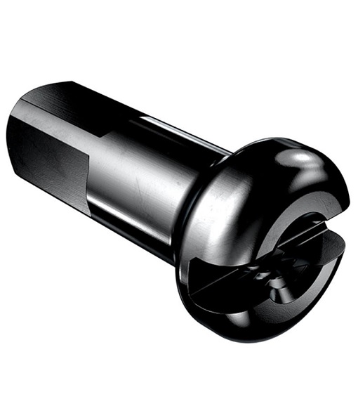 Nippel-DT-Prolock-alu-svart-std.jpg Detaljerad bild av en DT Swiss Prolock Alu Ekernippel i svart, med synliga skåror och en metallisk glans. Studiobelysning framhäver formen och materialets yta.
