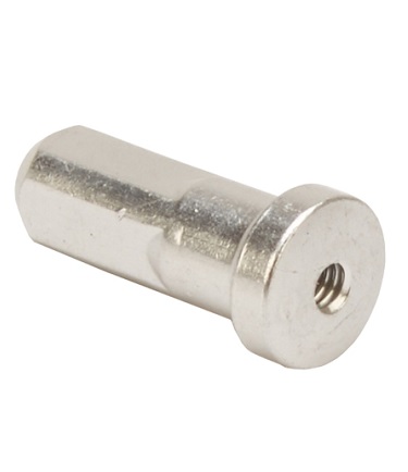 Nippel-Shimano-WH-M540.jpg Detaljerad bild av en silverfärgad ekernippel för Shimano WH-M540, 15 mm. Den har en cylindrisk form med ett flänsat huvud och synliga gängor inuti.