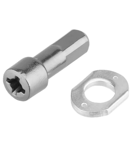 Nippel-shimano-wh-m8000.jpg En svart ekernippel och en bricka i metall visas mot en ljus bakgrund. Föremålen är detaljerat återgivna med tydliga reflektioner som framhäver deras metalliska yta.