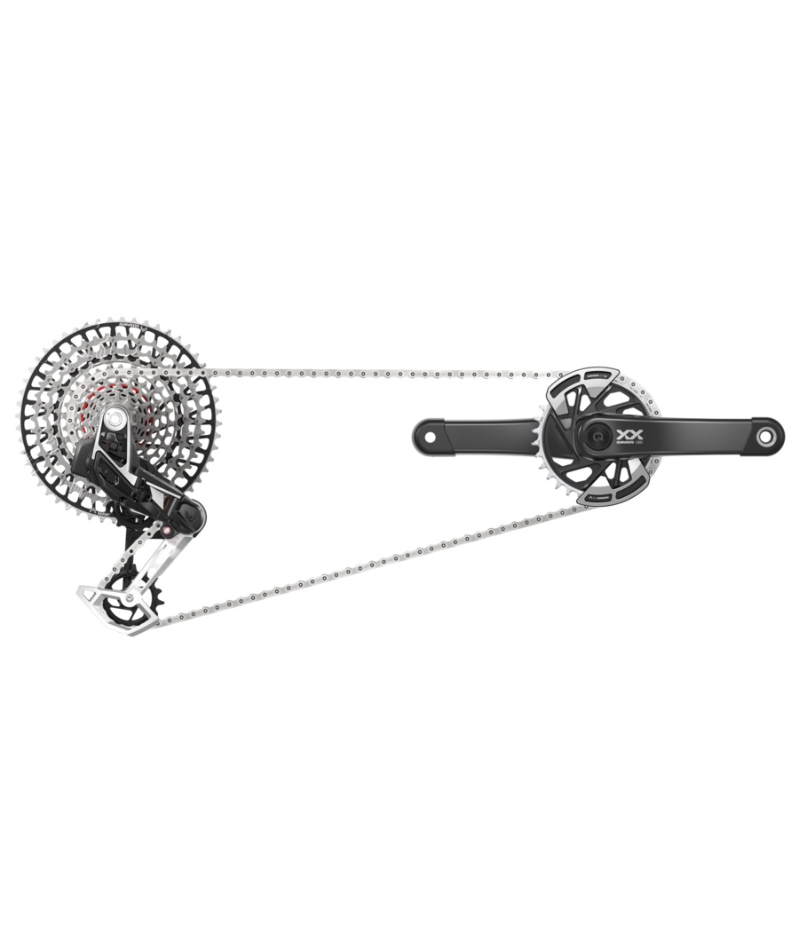 PM-Sram-XX-grupp-.jpg Detaljerad bild av en Sram XX T-type 1x12s gruppset med 32T Power Meter, under optimala ljusförhållanden som framhäver komponenternas precisa design och finish.