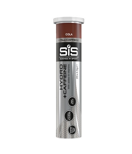 En tub med SiS GO Hydro brustabletter med cola- och koffeinsmak. Förpackningen är silverfärgad med en brun topp, och texten "HYDRO +CAFFEINE" framträder tydligt. Produktfotot är taget i studioljus.