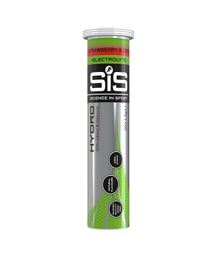 En detaljerad bild av ett SiS GO Hydro-rör med 20 tabletter med smaken strawberry & lime. Röret har en silverfärgad kropp med gröna och rosa detaljer, med tydlig märkning av "ELECTROLYTE", "SIS", "HYDRO" och "SCIENCE IN SPORT".