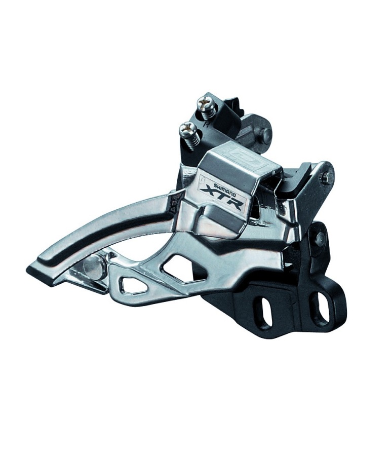 Shimano-FD-M985-E En detaljerad bild av en Shimano XTR FD-M985 framväxel. Metallisk glans under stark belysning, visar den mekaniska precisionen och designen för 2x10-växlad cykeldrift.