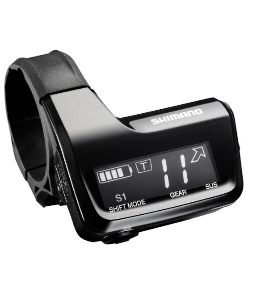 Shimano-SC-MT800.jpg Närbild av en Shimano SC-MT800 Deore XT M8050 Di2-display. Den svarta displayen visar batterinivå, växel och läge. Starkt ljus framhäver detaljerna och den blanka ytan.