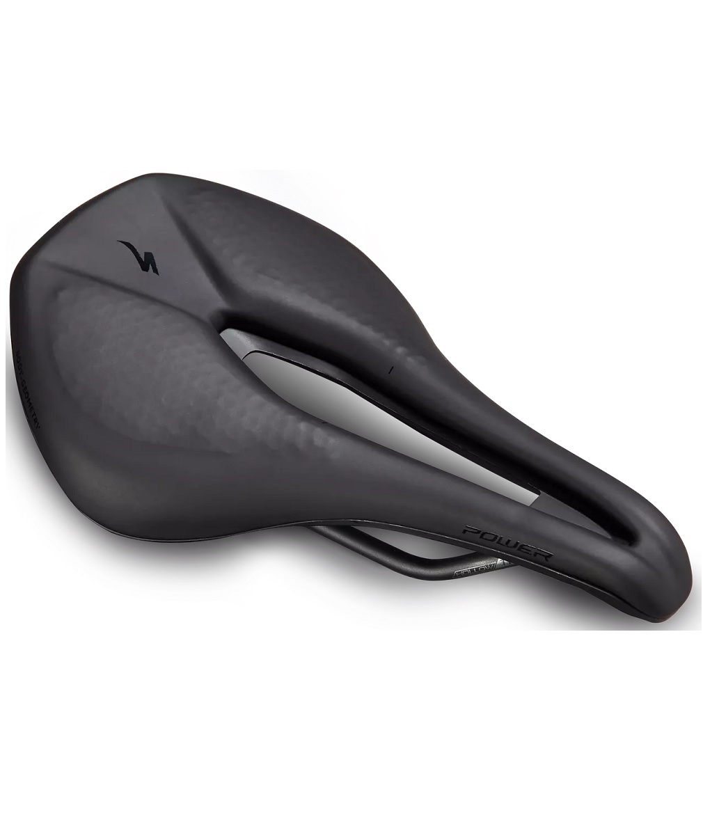 Specialized-POWER-EXPERT-MIRROR-SADDLE-BLK-143 Svart Specialized Power-cykelsadel med matt finish, exponerad i mjukt ljus. Fokuserar på sadelns ergonomiska design och texturerade yta, vilket framhäver produktdetaljerna.
