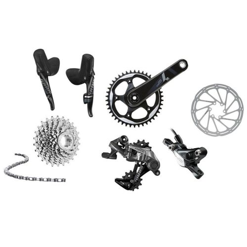 Sram Force 1 Disc 1x11s gruppset i detaljrik närbild mot en vit bakgrund. Växelreglage, kedjekrans, vevparti och andra komponenter visas med tydlighet.