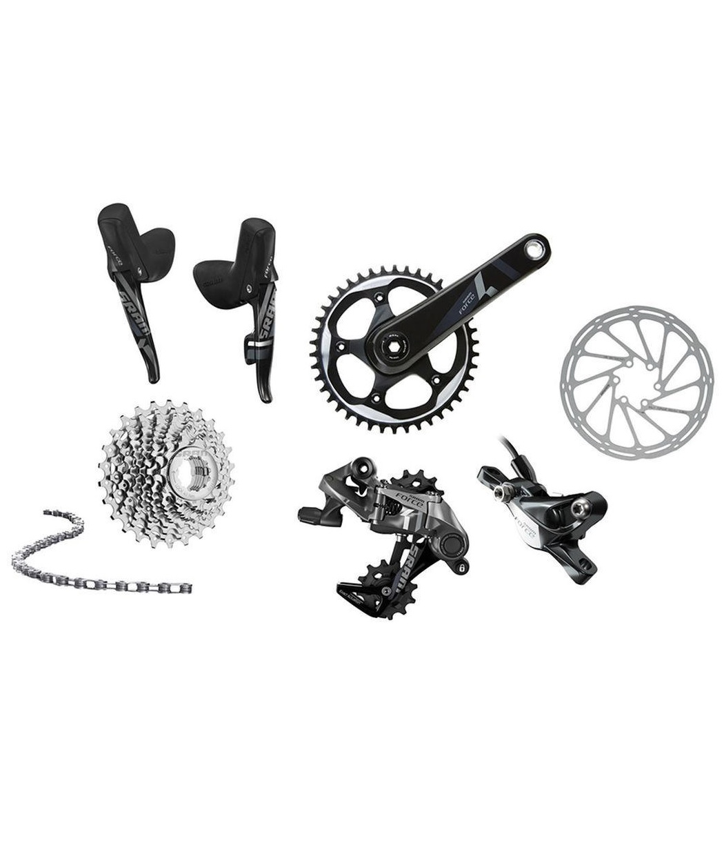 Sram-Force-1-11-disc-post-50-11-36 Sram Force 1 Disc 1x11s gruppset i detaljrik närbild mot en vit bakgrund. Växelreglage, kedjekrans, vevparti och andra komponenter visas med tydlighet.