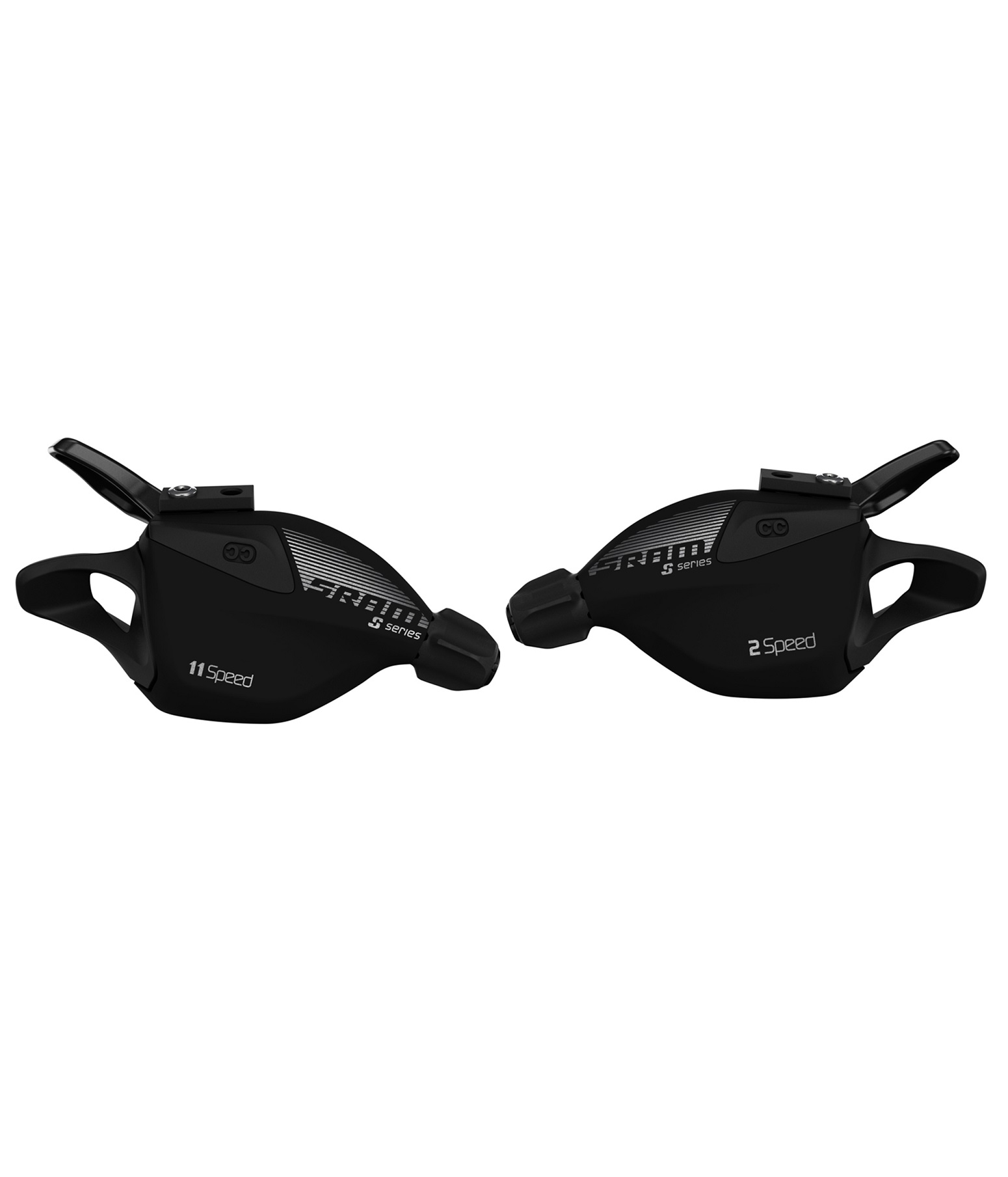 Sram-SL700-2-11-set.jpg Två svarta SRAM SL 700 växelreglage, ett 2-växlat och ett 11-växlat, står mot en vit bakgrund. Detaljerade texturer och reflektioner framhäver den moderna designen och funktionen.