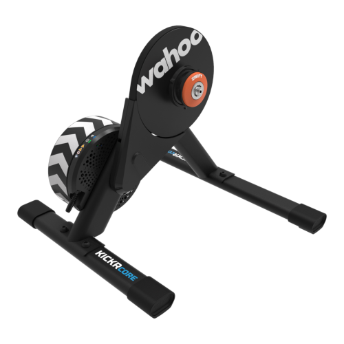 Svart Wahoo KICKR CORE 2 Zwift V2 cykeltrainer med svart-vita detaljer och texten "KICKR CORE".