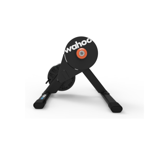 Wahoo KICKR CORE 2 Zwift V2 cykeltrainer för inomhusbruk med svart ram och orange detaljer.
