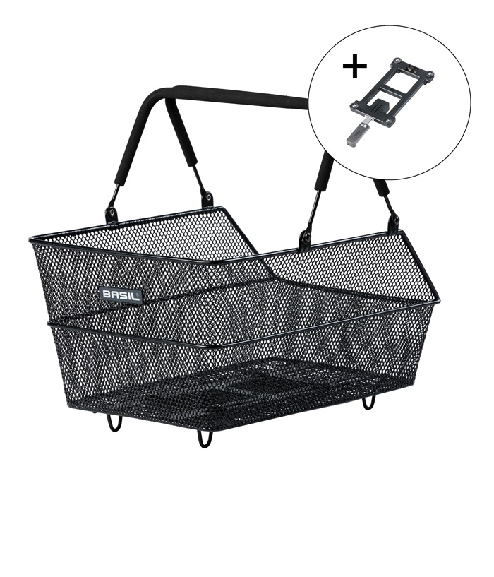 basil-mik.jpg Svart cykelkorg från Basil, modell Cento MIK, inklusive adapterplatta. Korgen är gjord av metallnät och har ett bärhandtag med vaddering. Studioljus.