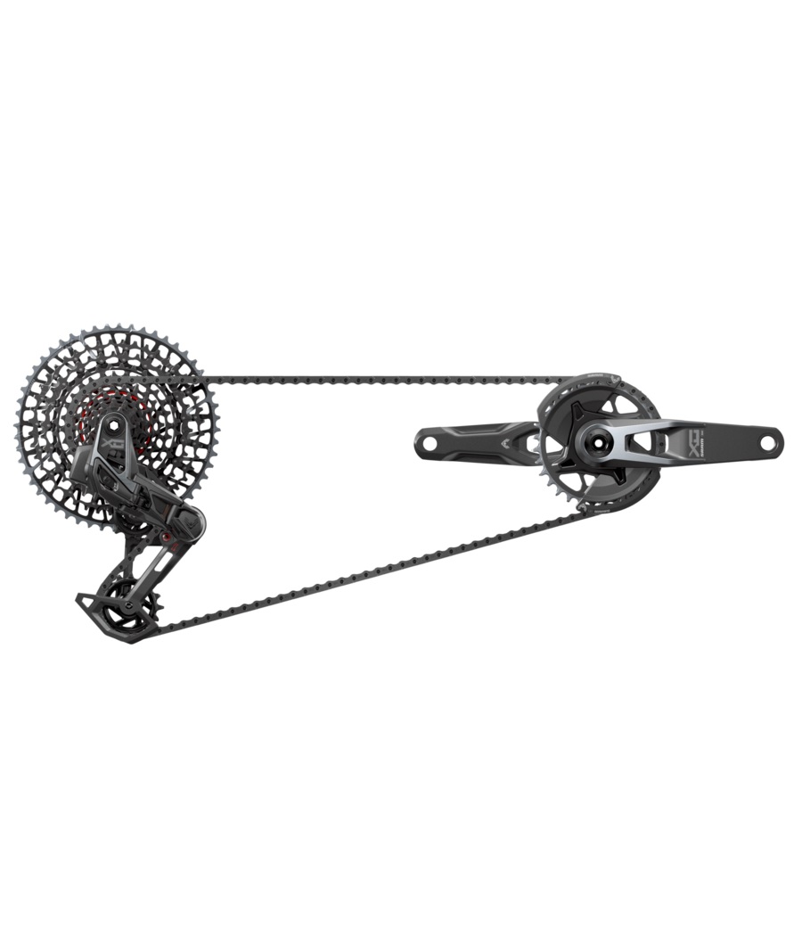 gs-x0-eagle-transmission-axs.jpg Detaljerad bild av en SRAM X0 T-type 1x12s gruppset med 32T framdrev. Komponenten visas i en studioatmosfär med jämn belysning, som framhäver de tekniska detaljerna.