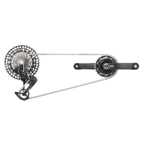 Närbild av Sram XX SL T-type 1x12s gruppset med 34T Powermeter Crank. Detaljerad bild med bra ljussättning som framhäver komponenternas svarta och silverfärgade design.