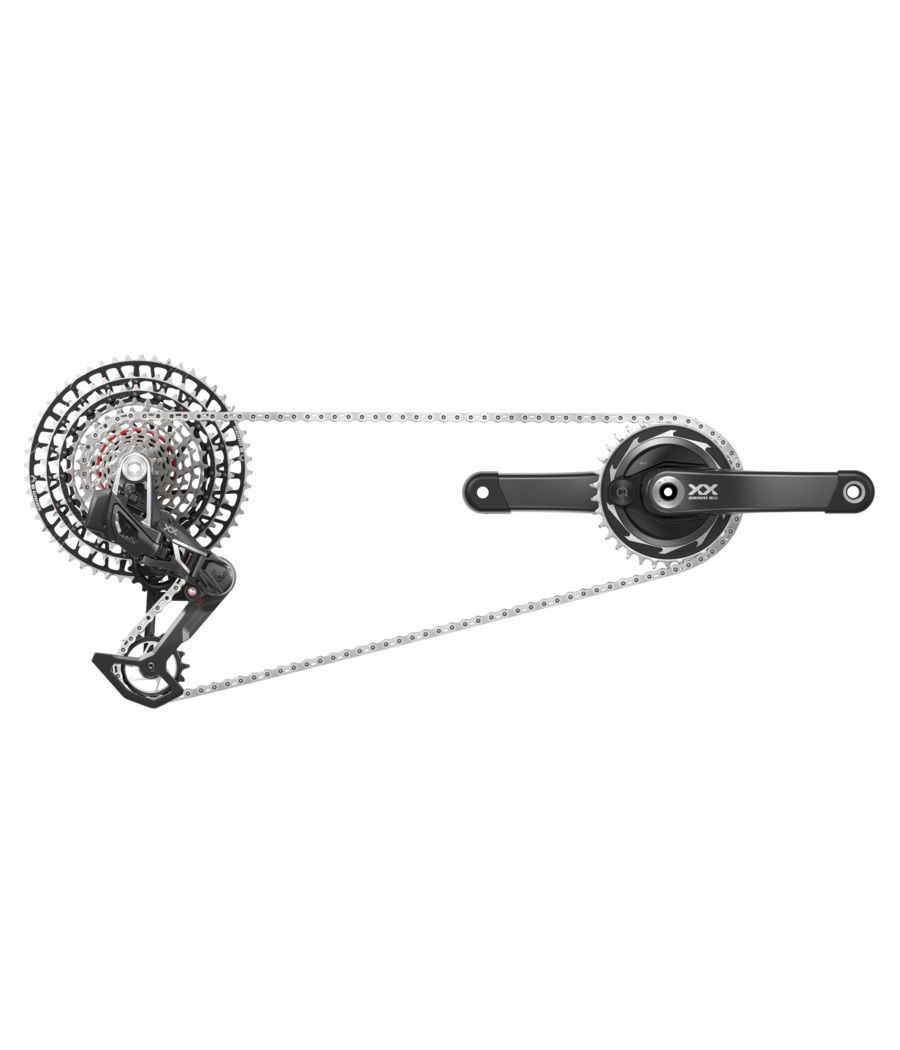 gs-xxsl-eagle-transmn-axs-pm.jpg Närbild av Sram XX SL T-type 1x12s gruppset med 34T Powermeter Crank. Detaljerad bild med bra ljussättning som framhäver komponenternas svarta och silverfärgade design.