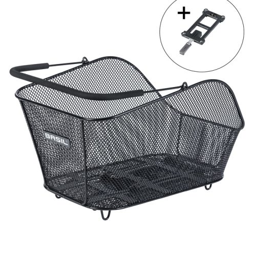 Svart cykelkorg från Basil, modell Icon MIK, inklusive adapterplatta syns uppe till höger. Korgen är gjord av metallnät och har ett handtag med skumgrepp.